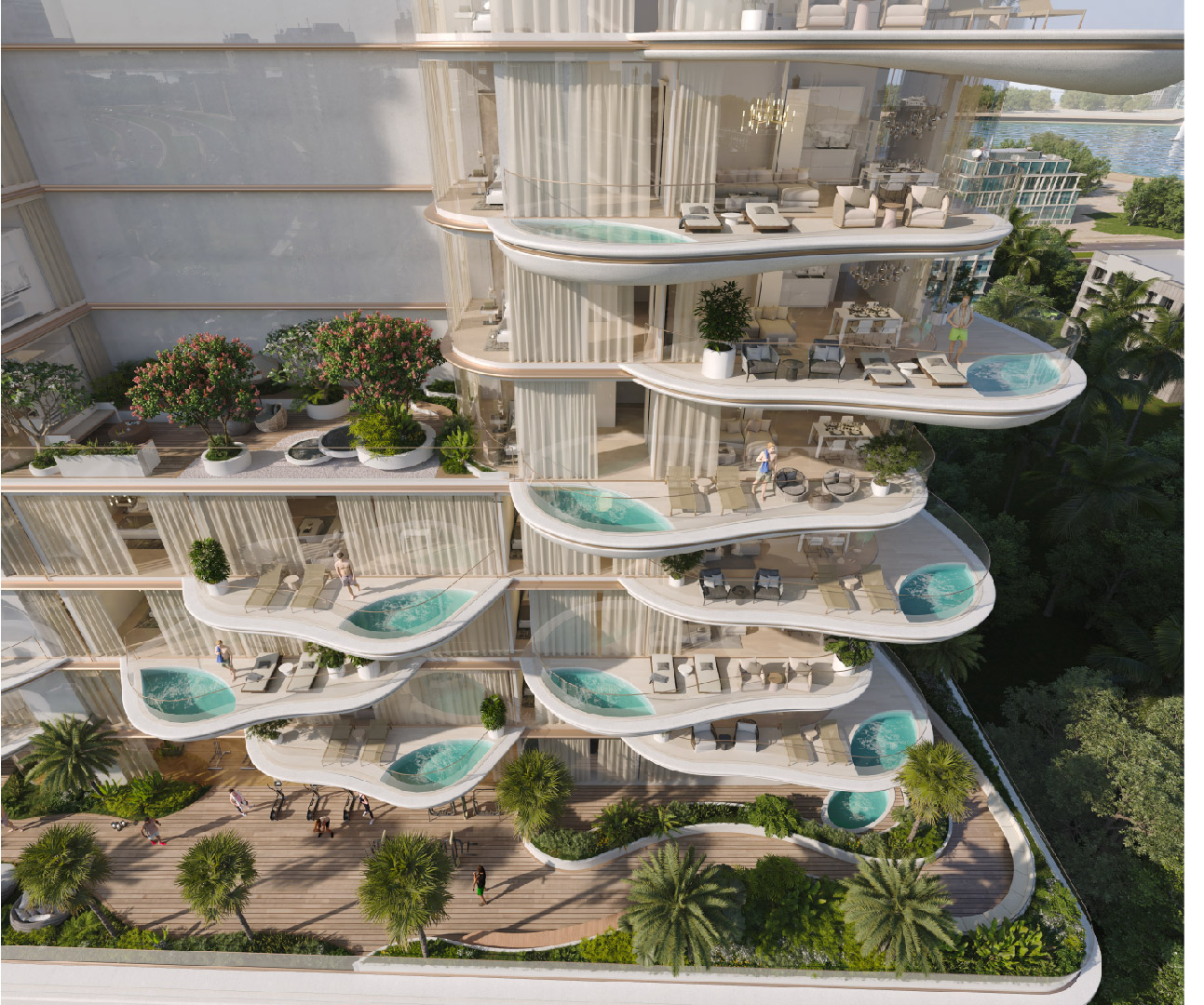 Beach Walk Iii By Imtiaz A modern multi-story building with curved balconies, featuring private pools, gardens, and luxury outdoor furniture.